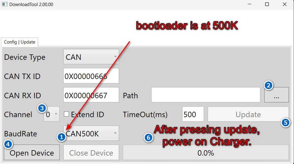 DownloadTool CAN example with 500K baud